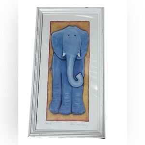 “Nellie” Blue Elephant Signed Art Print Kate Mawdsley Framed Folk Art